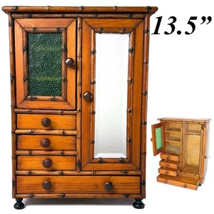 Antique Victorian Era 13.5" Miniature Armoire, Doll Sized Cabinet with Drawers - Picture 1 of 14