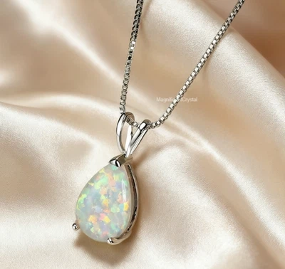 White Opal Pendant Necklace Minimalist Teardrop Opalite Women Silver Jewelry - Image 1 of 4