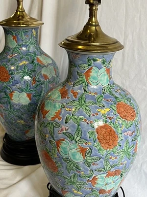 Set 2 Vtg Chinese Famille Rose Vase Porcelain Table Lamps Vintage Cloisonné - Image 1 of 4