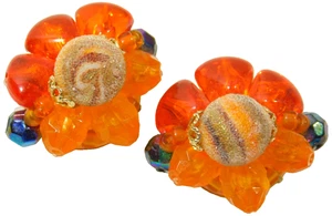 Vintage West Germany Orange Lucite and Swirled Sugar Bead Clip On Earrings - Picture 1 of 4