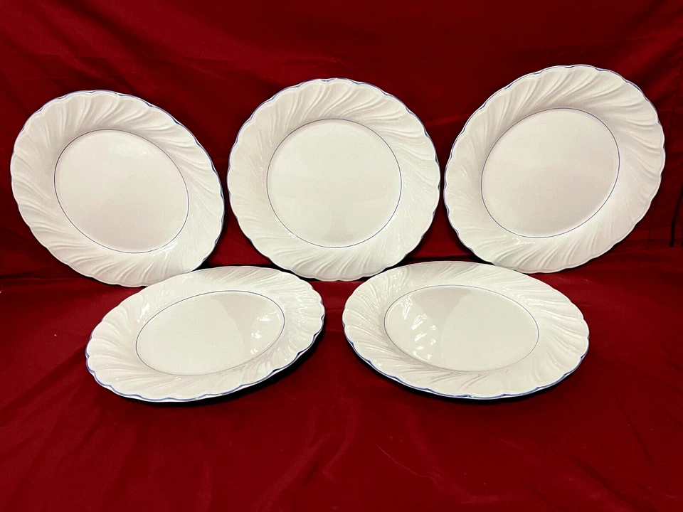 Nikko Crown Collection Set Of 5 White Swirl Blue Rim Dinner Plates 10 1/2" Japan - Image 1 of 2