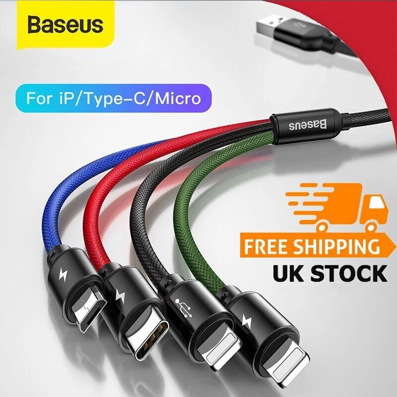 BASEUS 4 in 1 Multi Micro USB/Type C/2 IOS Fast Charging Cable Charger Sync Cord - Image 1 of 4