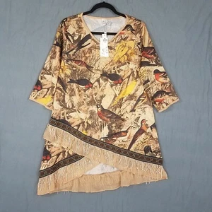 Vintage Bird Print Tunic XXL Satin Asymmetrical Tulip Hem Fringe Boho Nature NWT - Picture 1 of 21