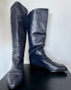 Vtg Sz 8 8.5N Italian 80s Bandelino Navy Blue Leather Riding Slouch Boots Italy - Picture 1 of 6