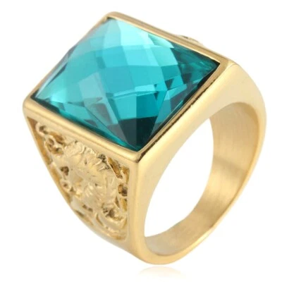 Anillo de boda clásico de acero inoxidable con circonita cúbica cian chapado en oro para hombre Foto 1 de 2