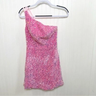 Vestido Stacees Rosa Caramelo Terciopelo y Lentejuelas Un Hombro Corto/Mini Línea A Talla 0 Foto 1 de 4