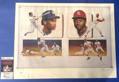 Ricky Henderson & Lou Brock Signed 18x24 Stolen Base Legends Litho JSA CE77251 - Image 1 of 4