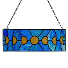 Moon Blue and Amber Stained Glass Window Panel