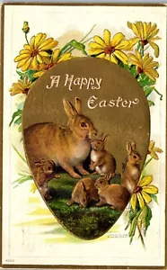 Postal de Pascua de colección ~ Hermosos conejos en huevo de lámina de oro AS Meeker 1909 - Imagen 1 de 3