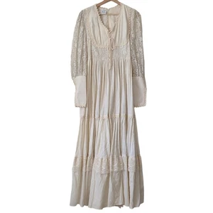 Vintage 60s 70s Neusteters Long Sleeve Ivory Prairie Long Dress Lace Cottagecore - Picture 1 of 15