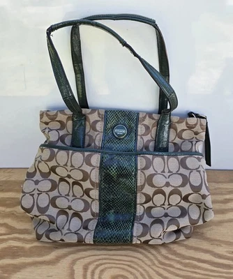 Coach Signature Monogram Green Python Stripe Satchel Bag Preowned Read - Image 1 of 4