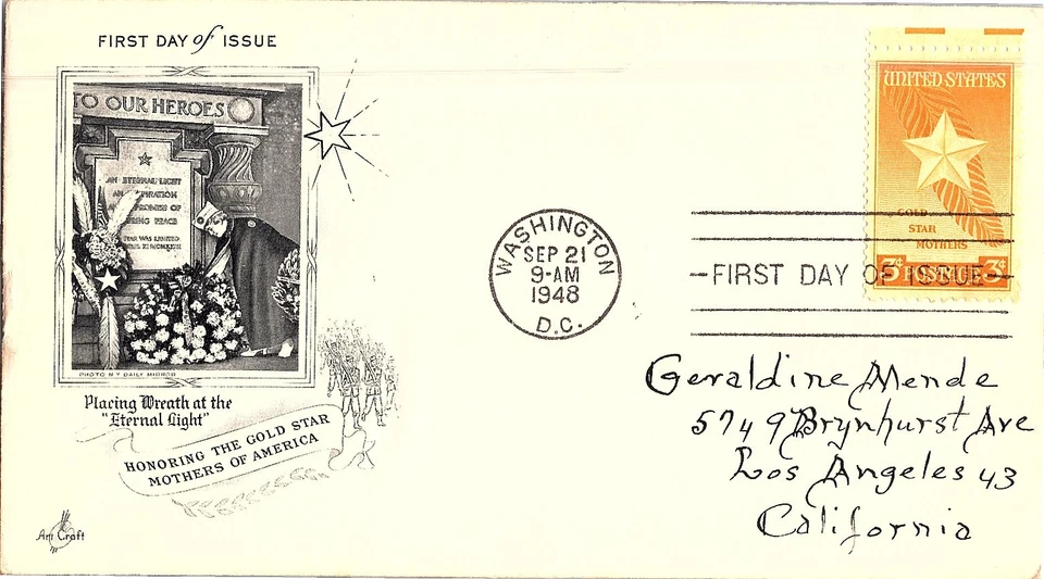 Honoring The Gold Star Mothers Sept. 21, 1948 Mail Cover FDC - Image 1 of 1