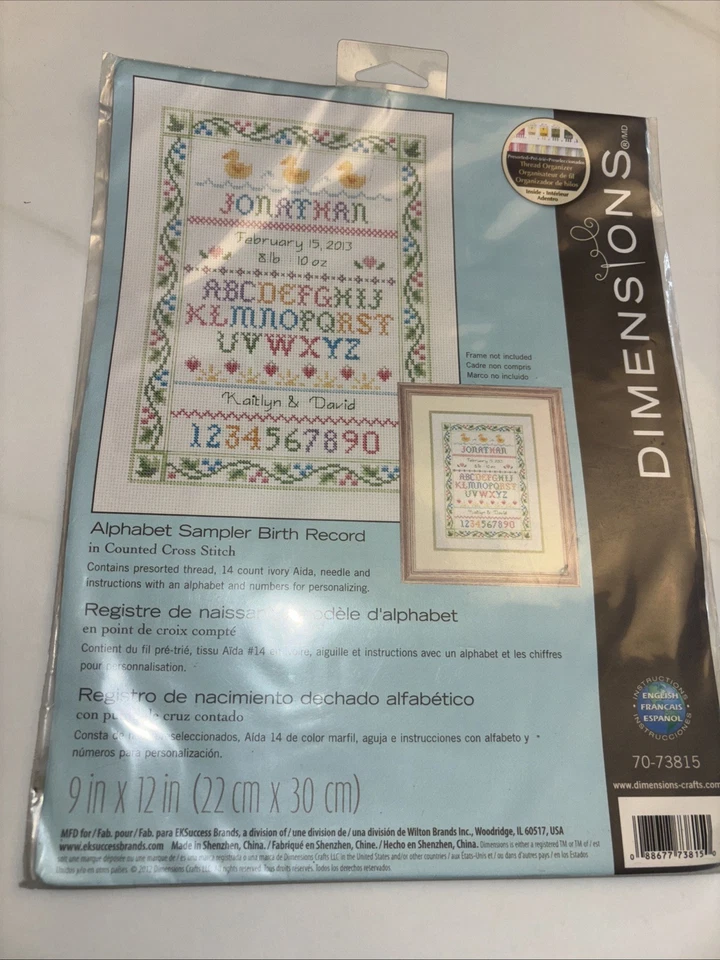 DIMENSIONS ALPHABET SAMPLER BIRTH RECORD Counted Cross Stitch Kit -NEW - Image 1 of 4