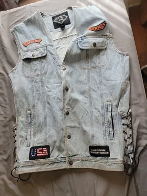 Vintage Diamond Plate Denim Biker Vest Eagle Patches USA Flag 3X - Image 1 of 4