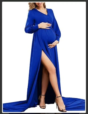 Maternity Dress Photoshoot Sexy V-Neck Long Sleeve Formal Gown Royal Blue Size L - Image 1 of 4