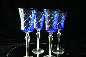 4 Tall Long Stem Bohemian Blue cut to clear Crystal Wine Glasses 10 3/4 in tall - Picture 1 of 5