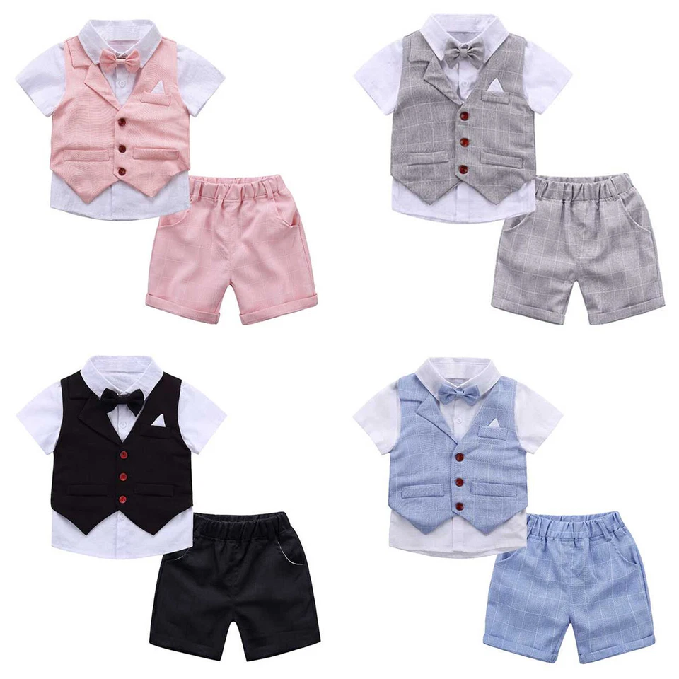 YiZYiF 3 pezzi camicia tuta bambino mosca gilet pantaloni corti matrimonio battesimo abito set - Immagine 1 di 1