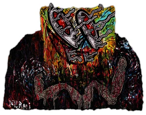 Original JUSTIN AERNI ca. 2020 GEMÄLDE Außenseiter Kunst Visionär DER GLÜCKLICHE DEMON - Bild 1 von 1