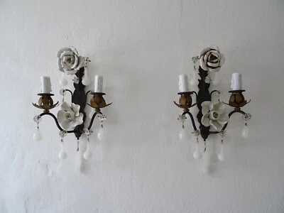 ~French White Rose Flower Murano Opaline Drops Bronze Sconces circa 1920~ - Image 1 of 4