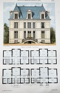 1855 Country Villa, E. Leblan, folio originale litografia colorata a mano, rifinitura a mano - Foto 1 di 3
