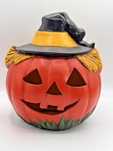 Halloween Kürbiskopf Vintage 70er Keramik Jack O Laterne Vogelscheuche Hexenhut - Bild 1 von 5