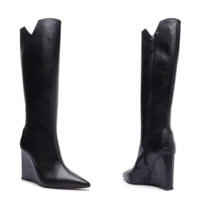 Schutz Asya Up Cut Black Boot Women's Pointed Toe Wedge Heel High Boot Size 7.5 - Picture 1 of 13