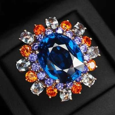 INTENSO CONJUNTO DE ANILLOS FLORALES HECHOS A MANO DE PLATA ESTERLINA 925 DE 17,70 QUILATES TOPACIO AZUL LONDRES Foto 1 de 4