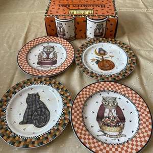 2000 Debbie Mumm Halloween Stoneware 4 Cat/Owl/Pumpkin 8” Plates 4 Owl Mugs - Picture 1 of 4