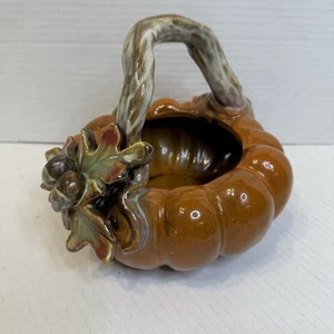 Ceramic Pottery Pumpkin Basket Acorn Handle Autumn Harvest Halloween Decor - Picture 1 of 6