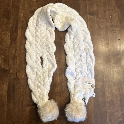 NEW Fossil Scarf Pull Through Ivory key Pom Pom Winter Cozy Knit - Image 1 of 4