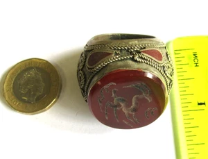 XL MEDIEVAL ISLAMIC BRASS DEER CARNELIAN INTAGLIO STONE SEAL RING OTTOMAN EMPIRE - Picture 1 of 10