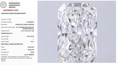 5.05 Radiant Lab Created Diamond For Engagement Ring IGI Certified F VVS2 - Image 1 of 4