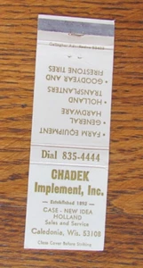 FUNDA Y NUEVA IDEA TRACTOR MATCHBOOK COVER: CHADEK CALEDONIA, WI MATCHCOVER -B8 - Imagen 1 de 2