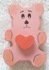 Wooden Hand Painted Handmade Shelf Décor ~ Bear With Heart ~ Pink - Picture 1 of 5