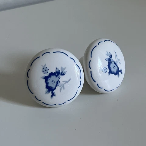 Vintage Ceramic White Porcelain Drawer Knob Hardware Pull Cabinet Blue Flower Cover