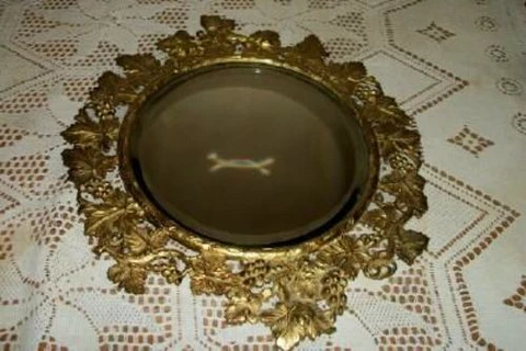 ANTIQUE FRENCH BRONZE BRASS ORMOLU MIRROR BEVELED GLASS METAL BACK GRAPES LEAVES Cover