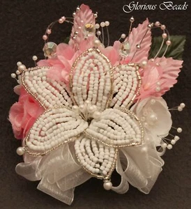 Corsage Pink Rhinestone Wedding Prom BEADED LILY or 2 pc with Boutonniere - Picture 1 of 5