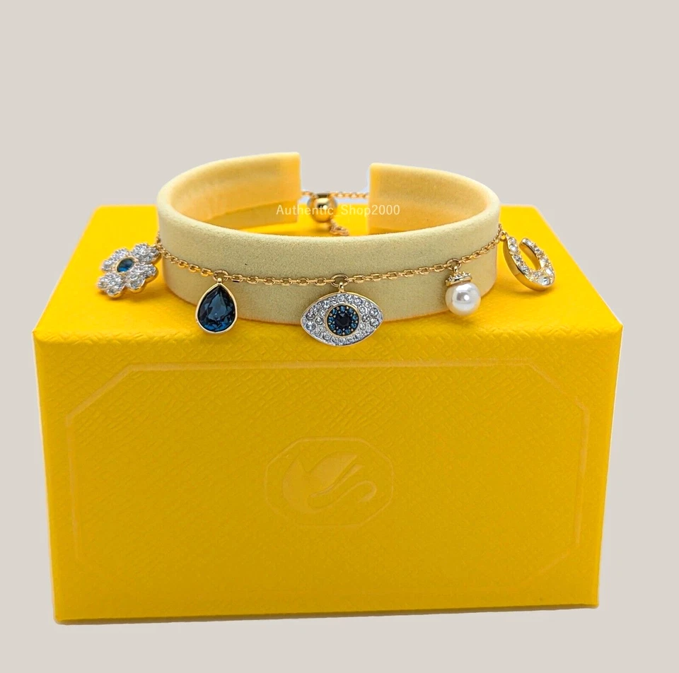Swarovski Symbolica Bracelet Clover Evil Eye & Horseshoe Blue Gold Tone 5692162