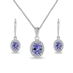 Oval simulierte Tansanit & weißer Topas Halo 925 Silber Halskette & Ohrringe Set - Bild 1 von 3