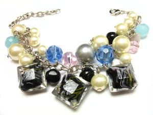 BLACK FANCY ARTISTIC MURANO GLASS FAUX PEARLS CHARM BRACELET BR_SAS 13321 - Picture 1 of 1