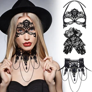 3Pcs Womens Sexy Black Masquerade Lace Mask Gloves Choker Necklace Party Cosplay - Picture 1 of 7