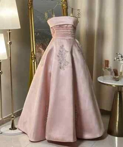 Satin Pink Sequined Evening Dresses Pattern A-line Strapless Prom Party Gowns - Picture 1 of 7