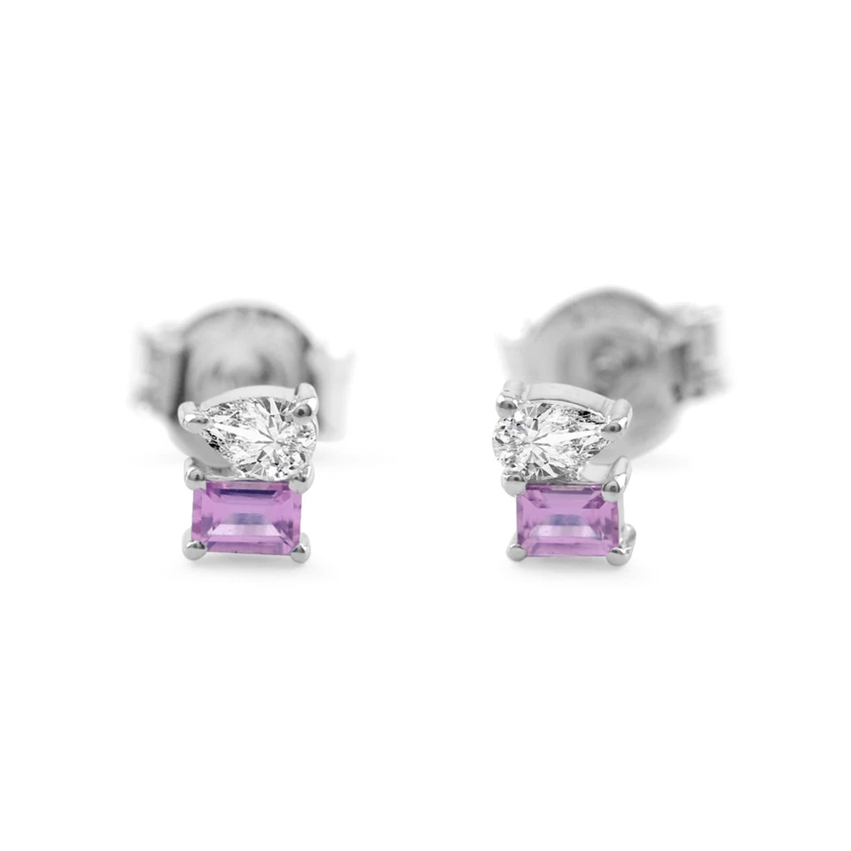 Natural Baguette Pink Sapphire Pear Diamond Solid 14K White Gold Stud Earrings - Image 1 of 4