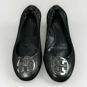 TORY BURCH Reva Black Leather & Silver Logo Ballet Flats Size 9 - Picture 1 of 8