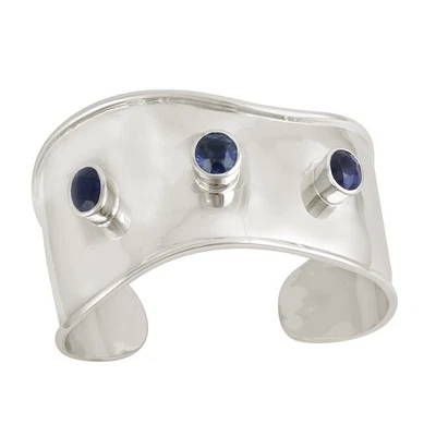 14k White Gold Cuff Bracelet with Blue Sapphire Gemstones Modern Sculptural - Image 1 of 4