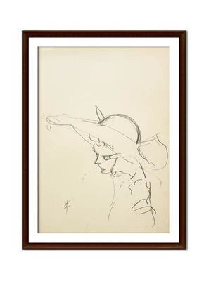 Lápiz firmado René Gruau Original Atelier Study (36×50 cm) -Dama en sus pensamientos Foto 1 de 4