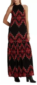 Polo Ralph Lauren Womens Dress Black 14 Label Aztec Western Print Georgette Maxi - Picture 1 of 10