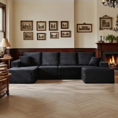 135"Boneless Couch Sectional Cloud Sofa Corduroy Left Facing Chaise with Ottoman - Image 1 of 4