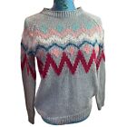 Grey Pink Red Round Neck Patterned Knitted Jumper Womens Size Small (AG13