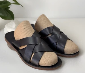 Madewell Sandals 7 Boardwalk Woven Slides Black Leather Resortwear Beach Coastal - Picture 1 of 8